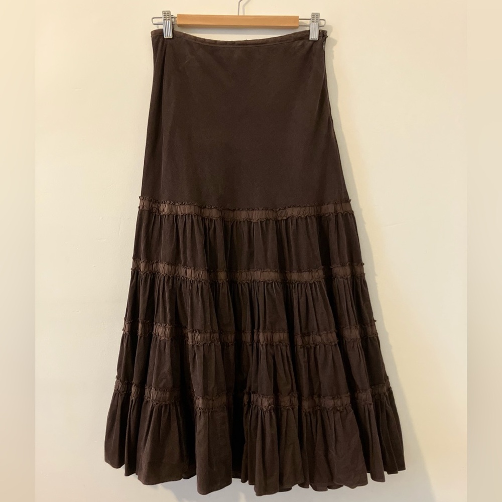 Anthropologie Fei Brown Tiered Cordury Maxi Skirt Size 0 XS